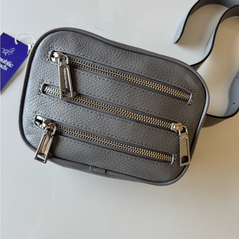 Gray Leather Crossbody Bag with Silver Zippers